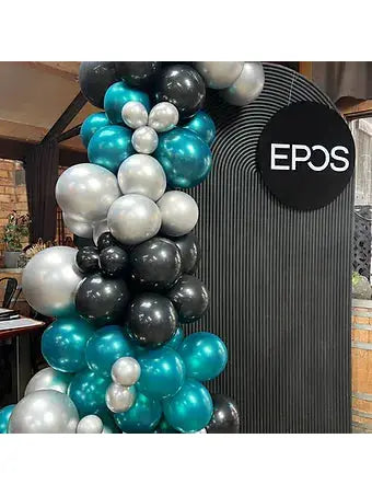 Black ripple arch and ballons and signage  Balloonz   