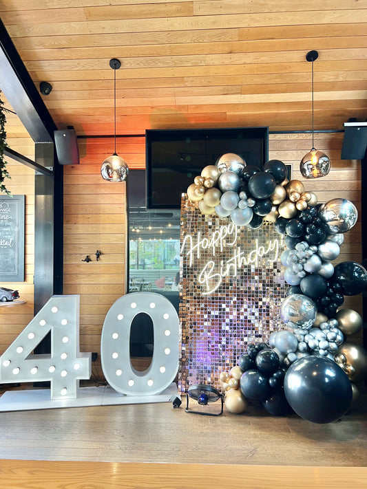 40th birthday balloon decorations with shimmer wall backdrop