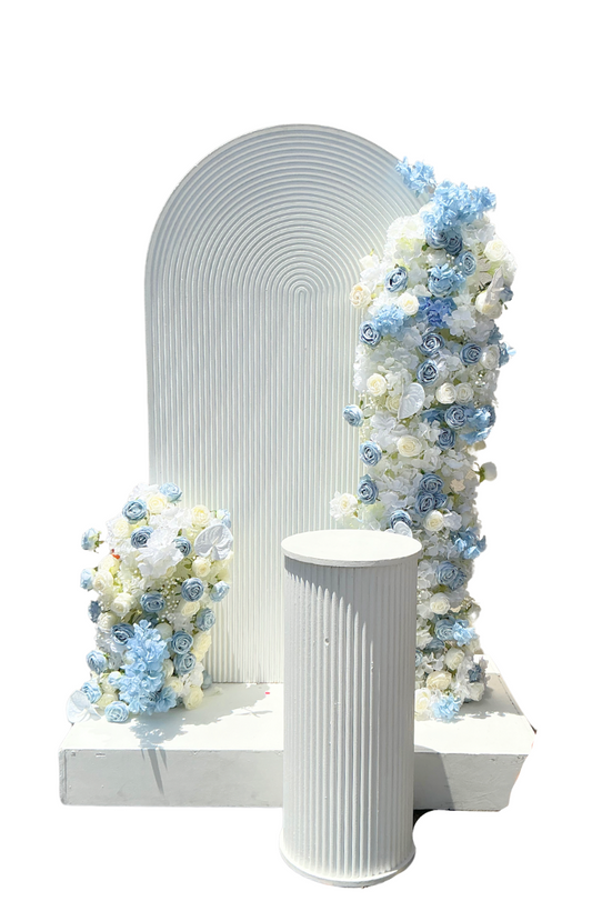 Light blue and white floral and Ripple backdrop arrangment