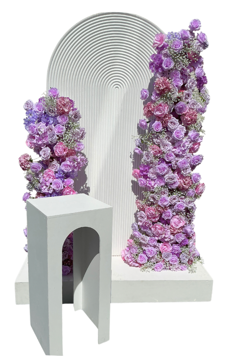 purple floral and ripple backdrop arrangements