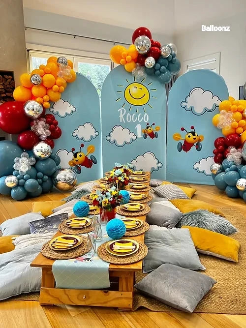 1st birthday archway custom art work print out package with picnic tables 15 kids tables Balloonz   